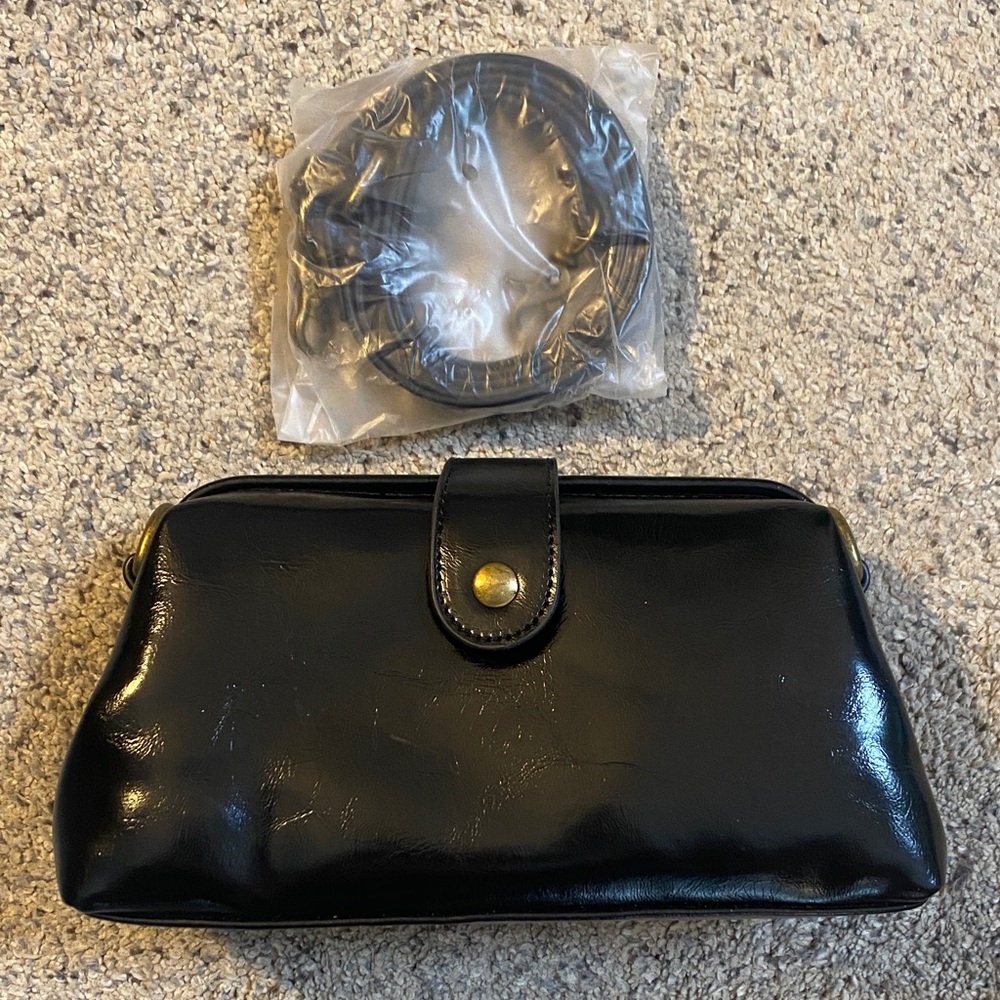 Hobo style Black Leather Clutch with crossbody Strap